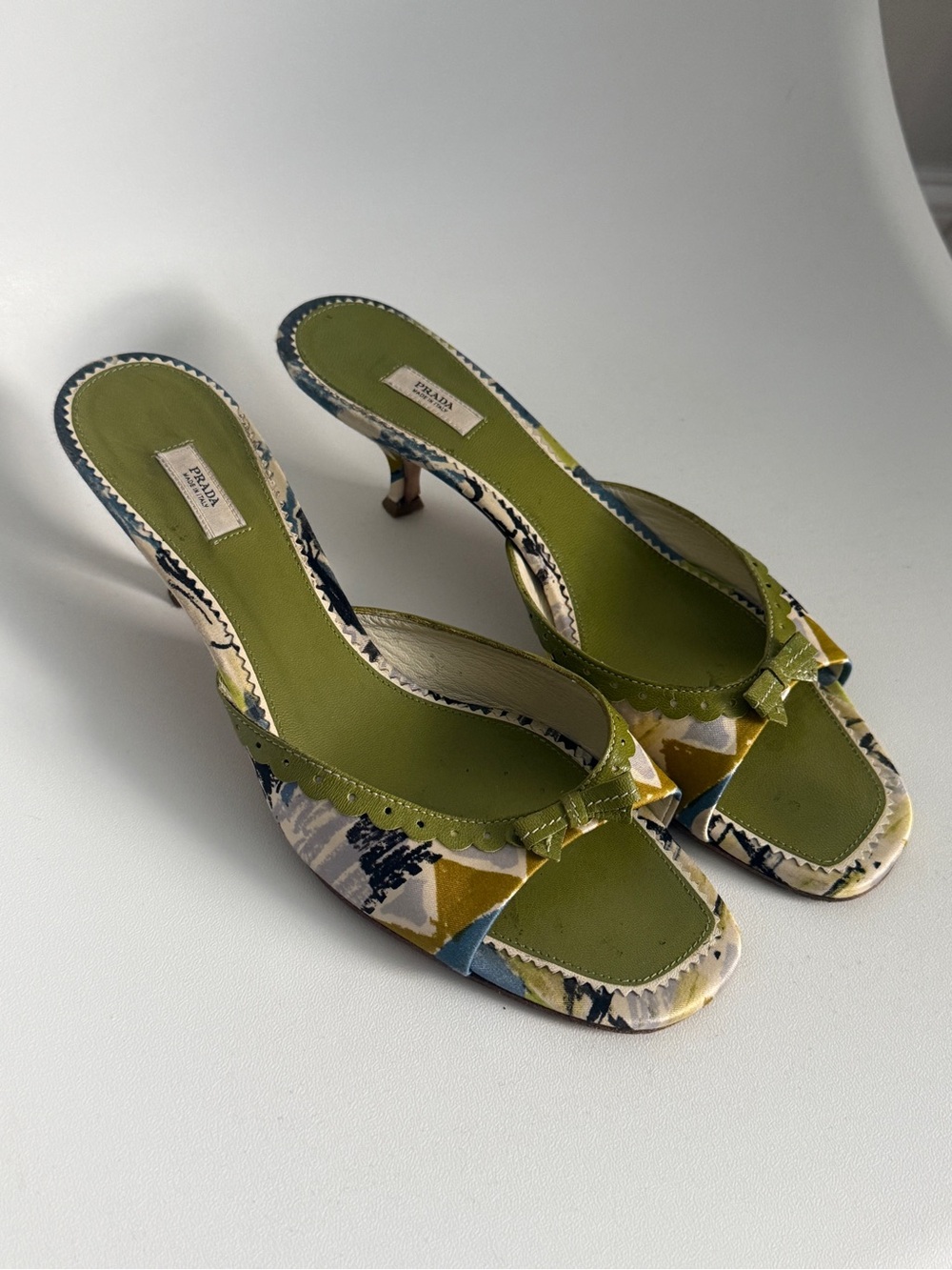Prada Green Multicolor Patterned Slip-On Kitten Heel Mules